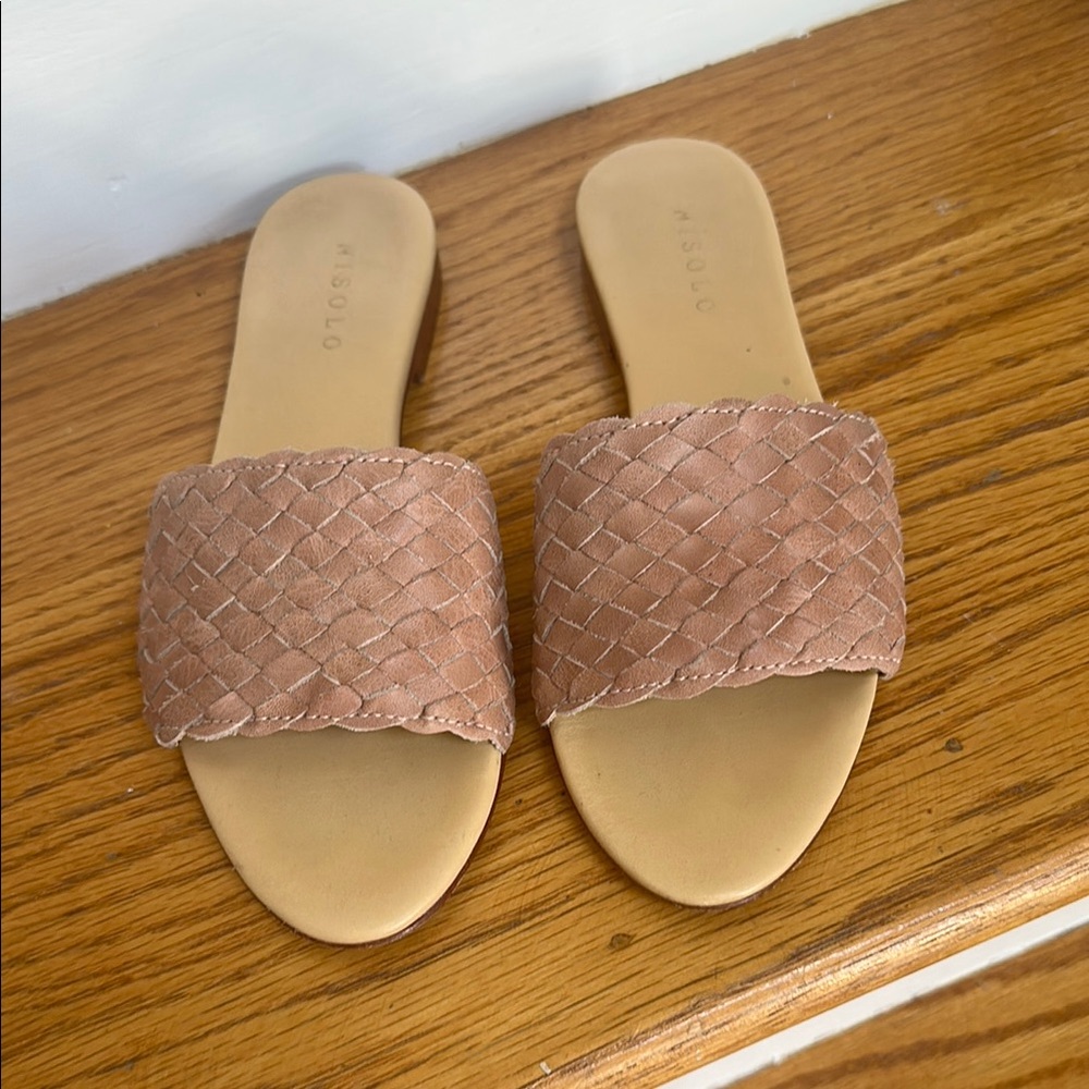 Nisolo pink braided leather slides, 6.5